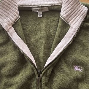Burberry Lambswool Olive Green Pink Zip up Sweater Size L Made in Italy 🇮🇹